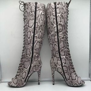 Paper Fox Serina Gray Snakeskin Lace-Up Peep Toe High Heel Boots